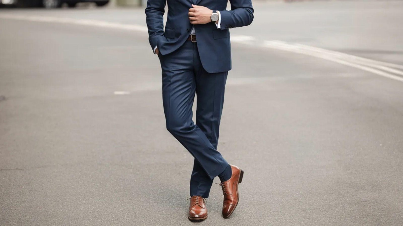 A man wearing a blue suit and brown shoes stands confidently, showcasing a professional appearance.
