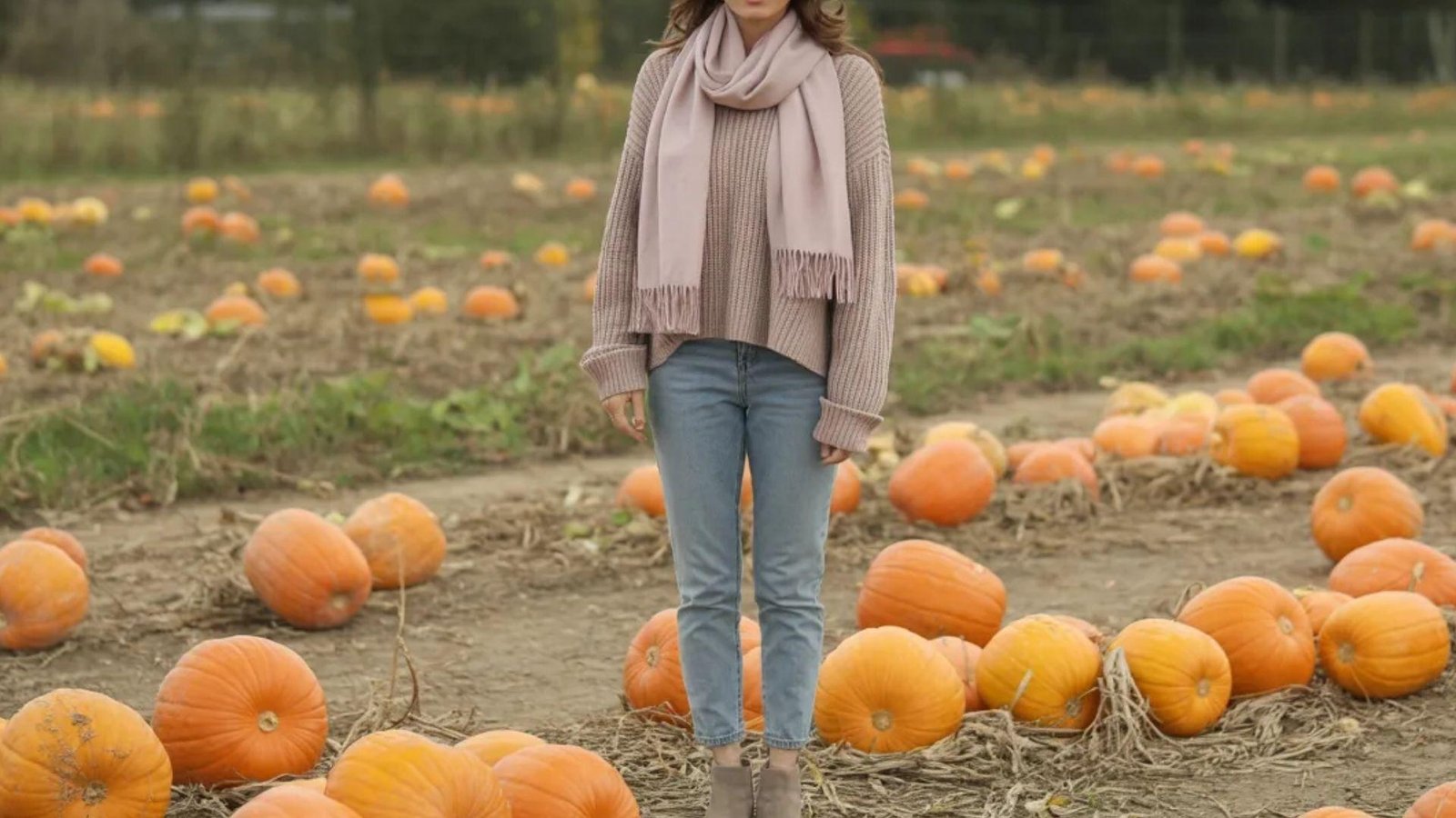 A woman stands among vibrant orange pumpkins in a sunny pumpkin patch, smiling as she enjoys the autumn scenery.