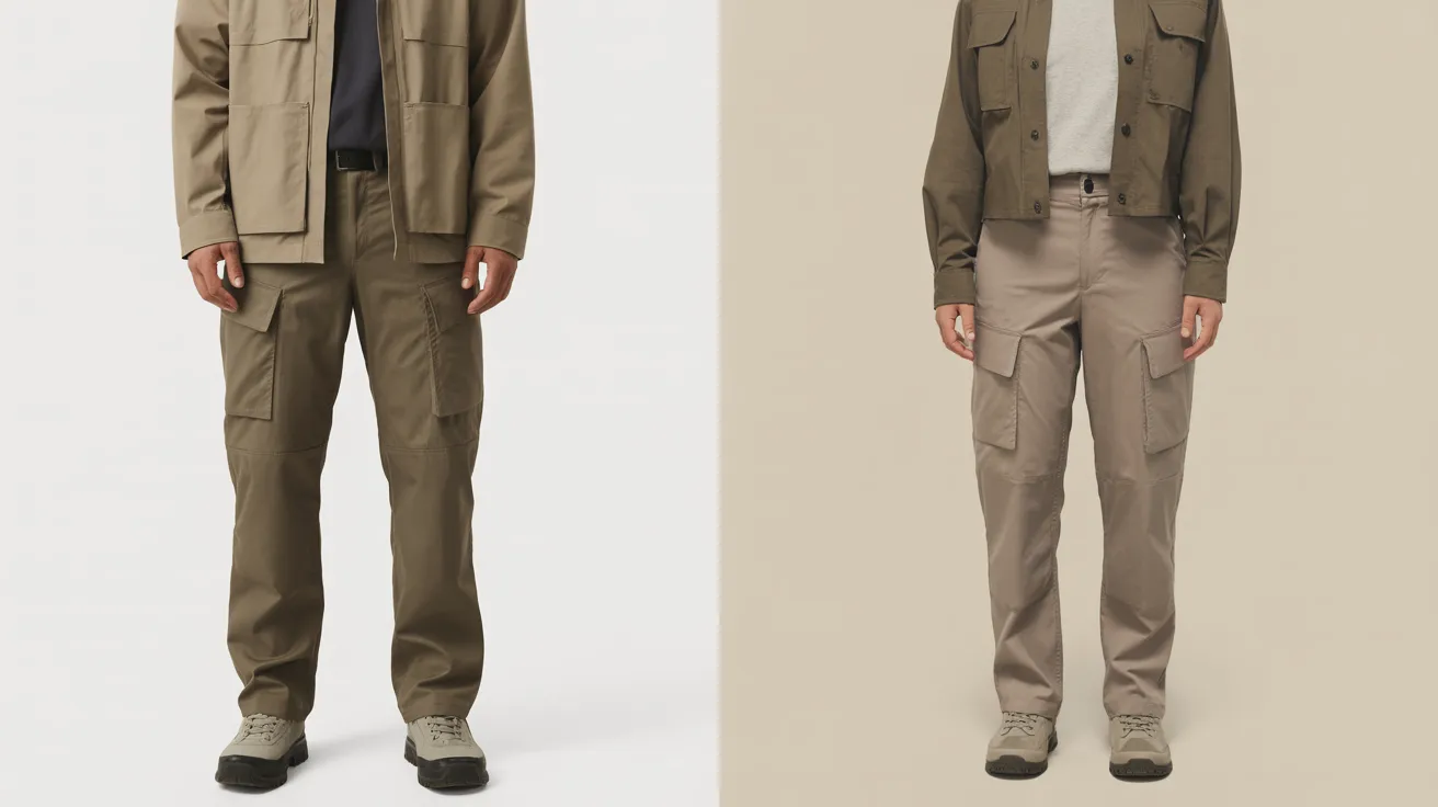 Two men in khaki cargo pants and jackets pose side by side in a natural setting.