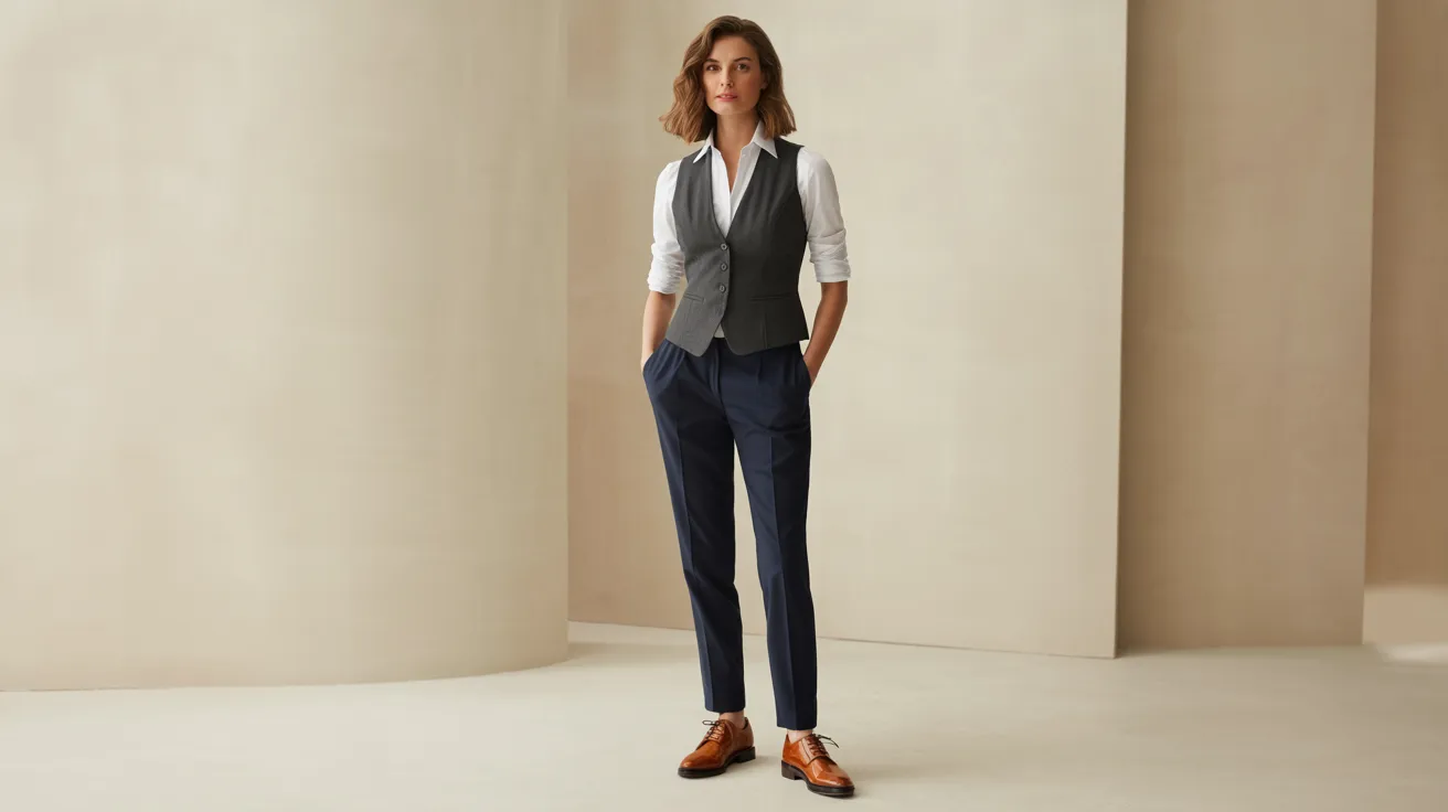 A woman wearing a white shirt and blue pants stands confidently, showcasing a casual yet stylish outfit.
