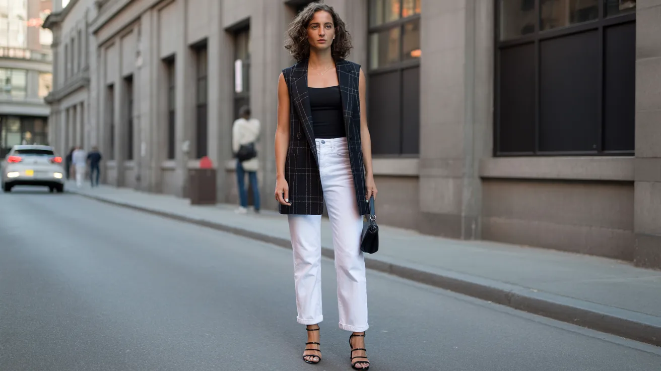 A woman wearing white pants and a black top stands confidently on a bustling city street.
