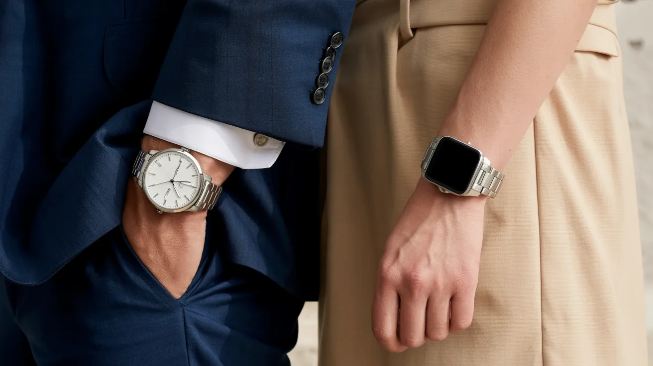 A man and woman in formal suits are holding their watches, showcasing their elegant timepieces.