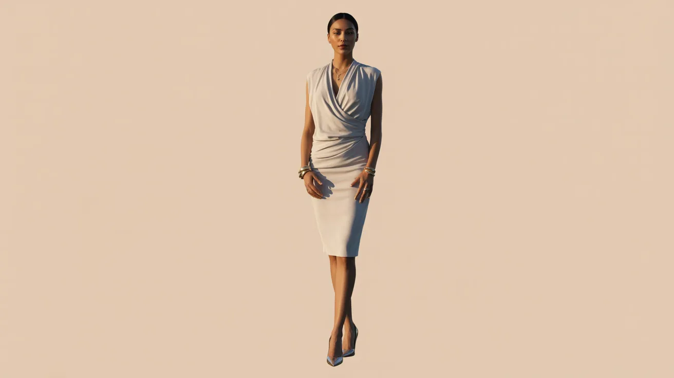 A woman in a white dress stands against a soft beige background, exuding elegance and simplicity.