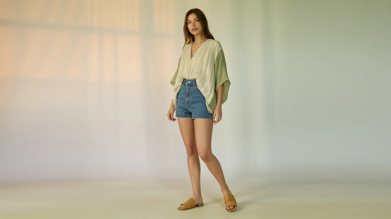 A woman wearing short denim shorts and a shirt stands confidently, showcasing a casual summer outfit.