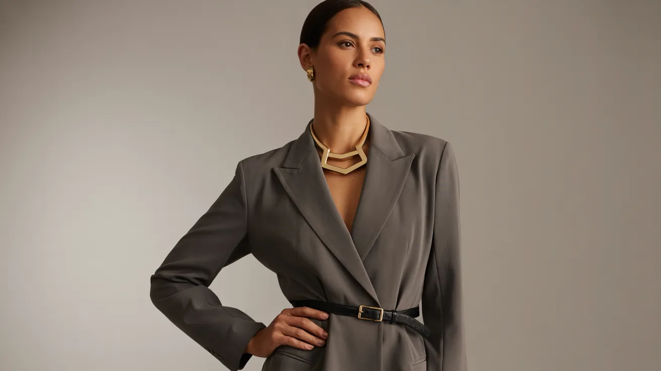 A woman poses confidently in a gray tailored blazer with a black belt, accessorized with gold earrings and a geometric necklace, set against a neutral background.