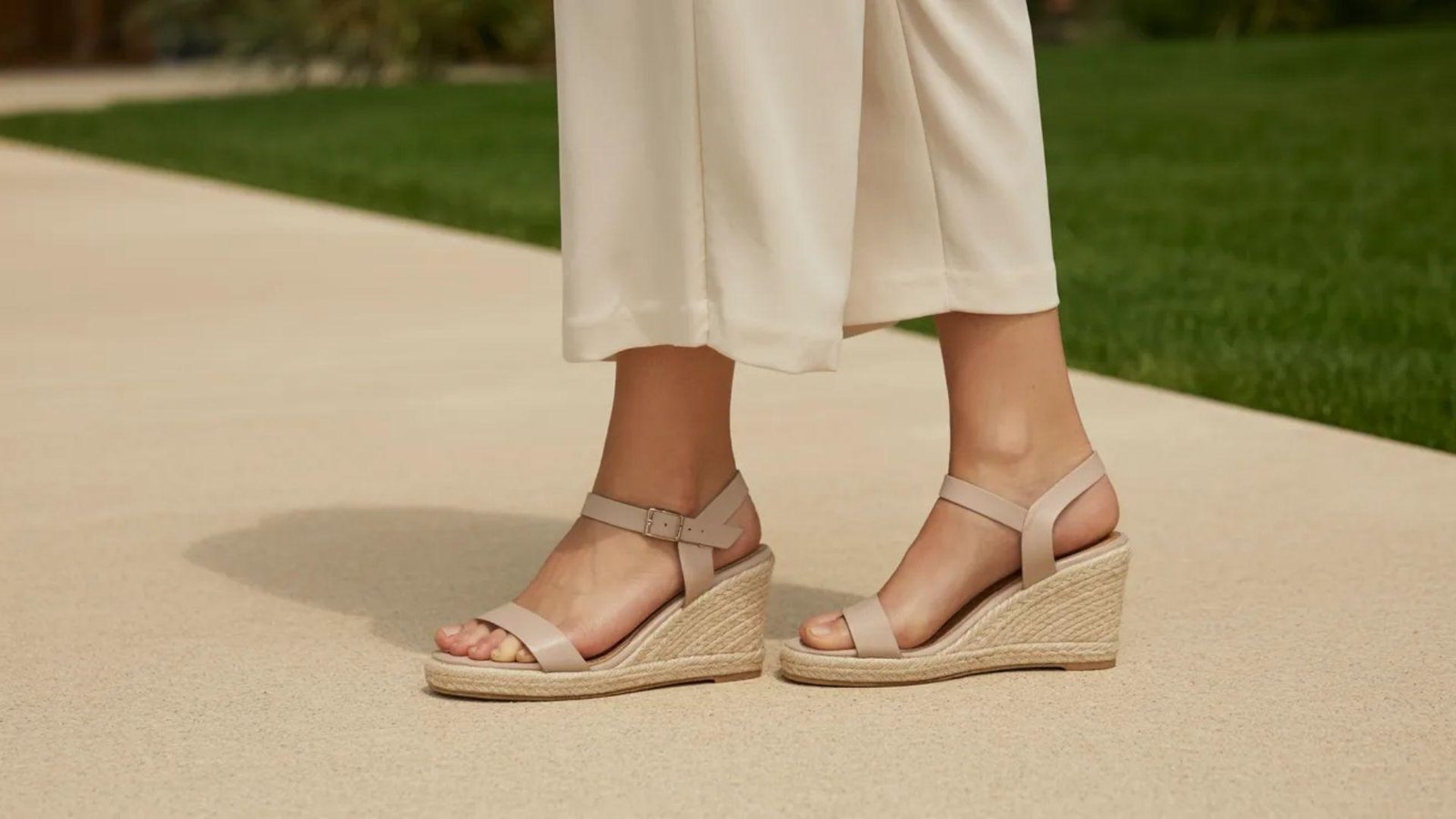 A woman dressed in white pants and sandals stands confidently, showcasing a casual summer outfit.