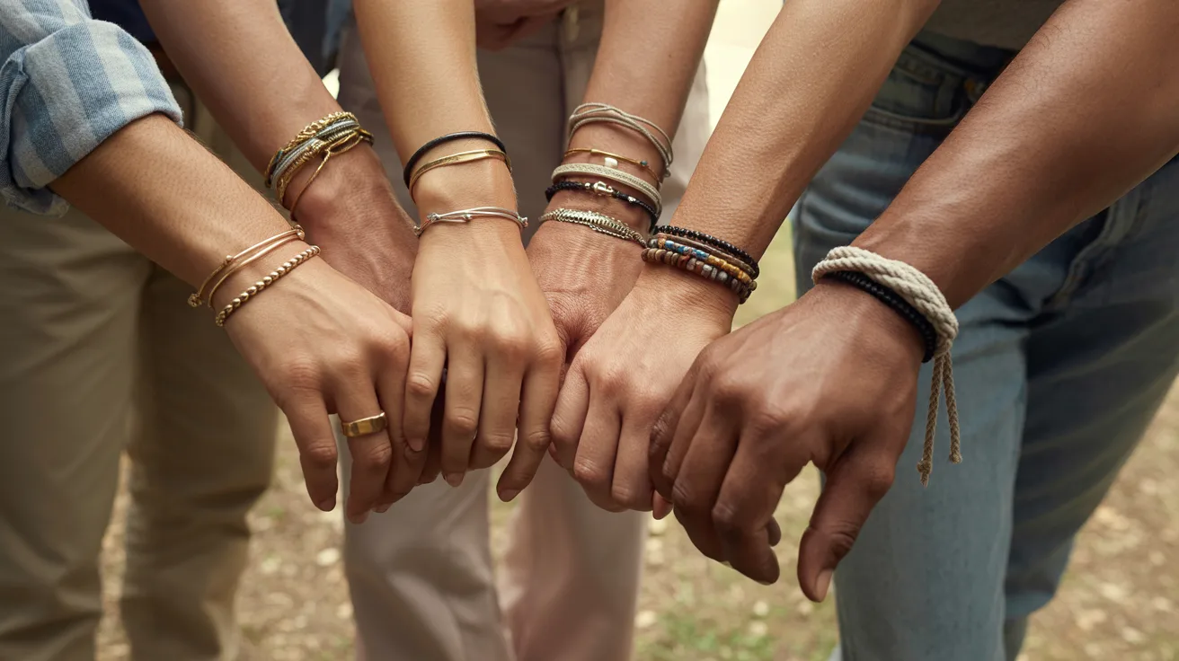 A diverse group of people holding hands, each wearing unique bracelets, symbolizing unity and friendship.