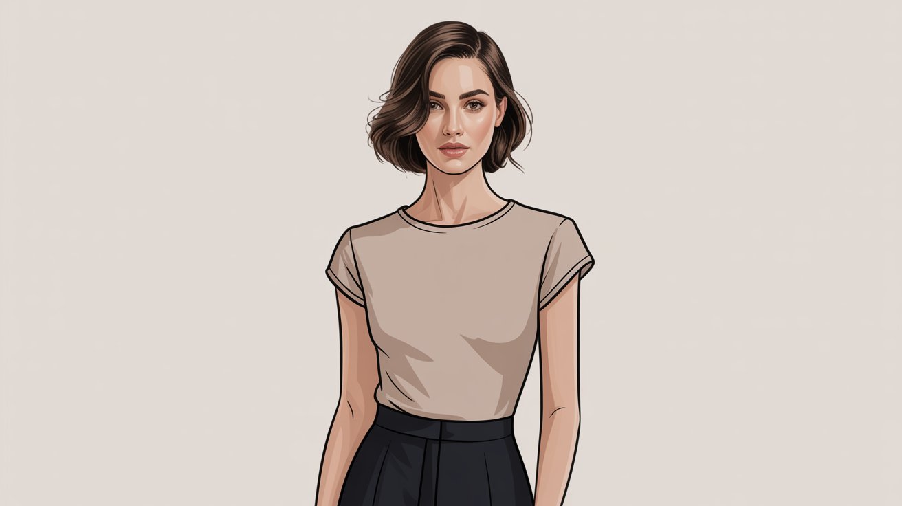 A woman wearing a t-shirt and skirt stands confidently, showcasing a casual yet stylish outfit.