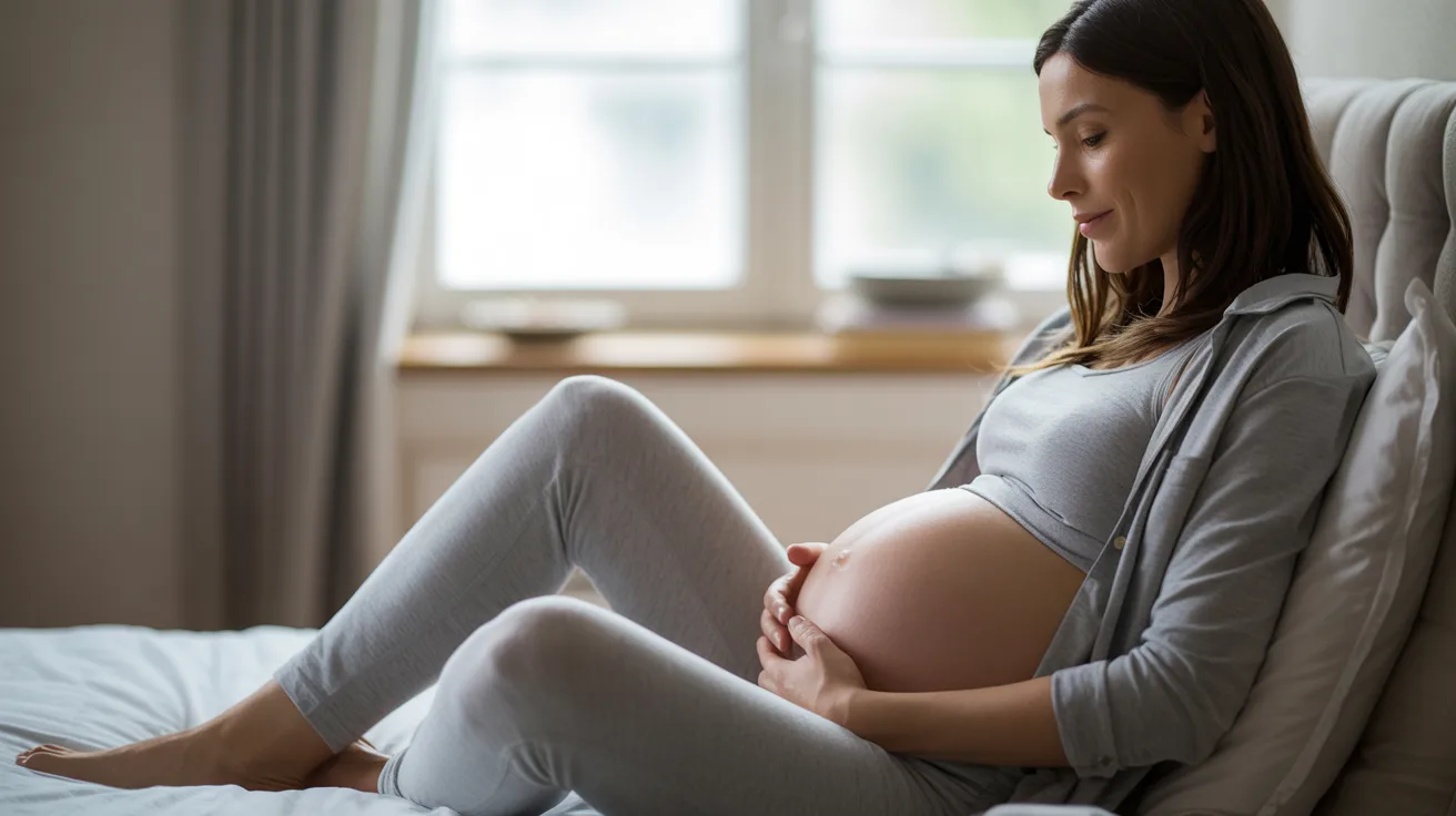 A pregnant woman sits comfortably on a bed, gently holding her belly, gazing downward peacefully. Soft natural light illuminates the serene room.