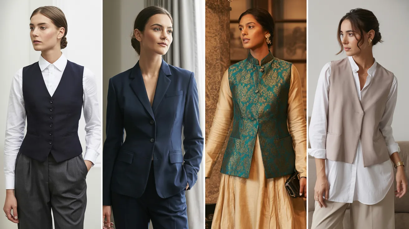 Four distinct types of women's clothing displayed, including a dress, blouse, skirt, and pants in various colors and styles.
