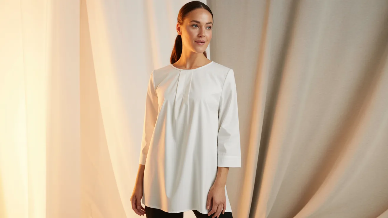 A woman wearing a white shirt and black pants stands confidently, showcasing a professional appearance.
