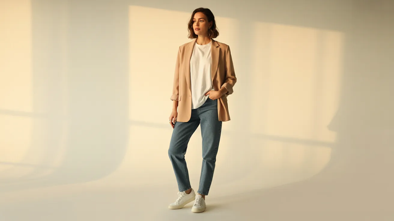 A woman in a tan blazer and jeans stands by a window, looking thoughtfully outside.