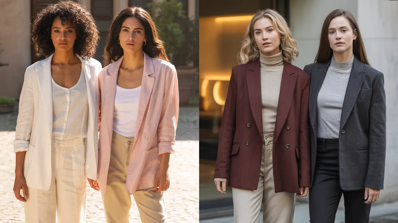 Three women in professional suits and blazers stand together, showcasing a confident and stylish business attire.