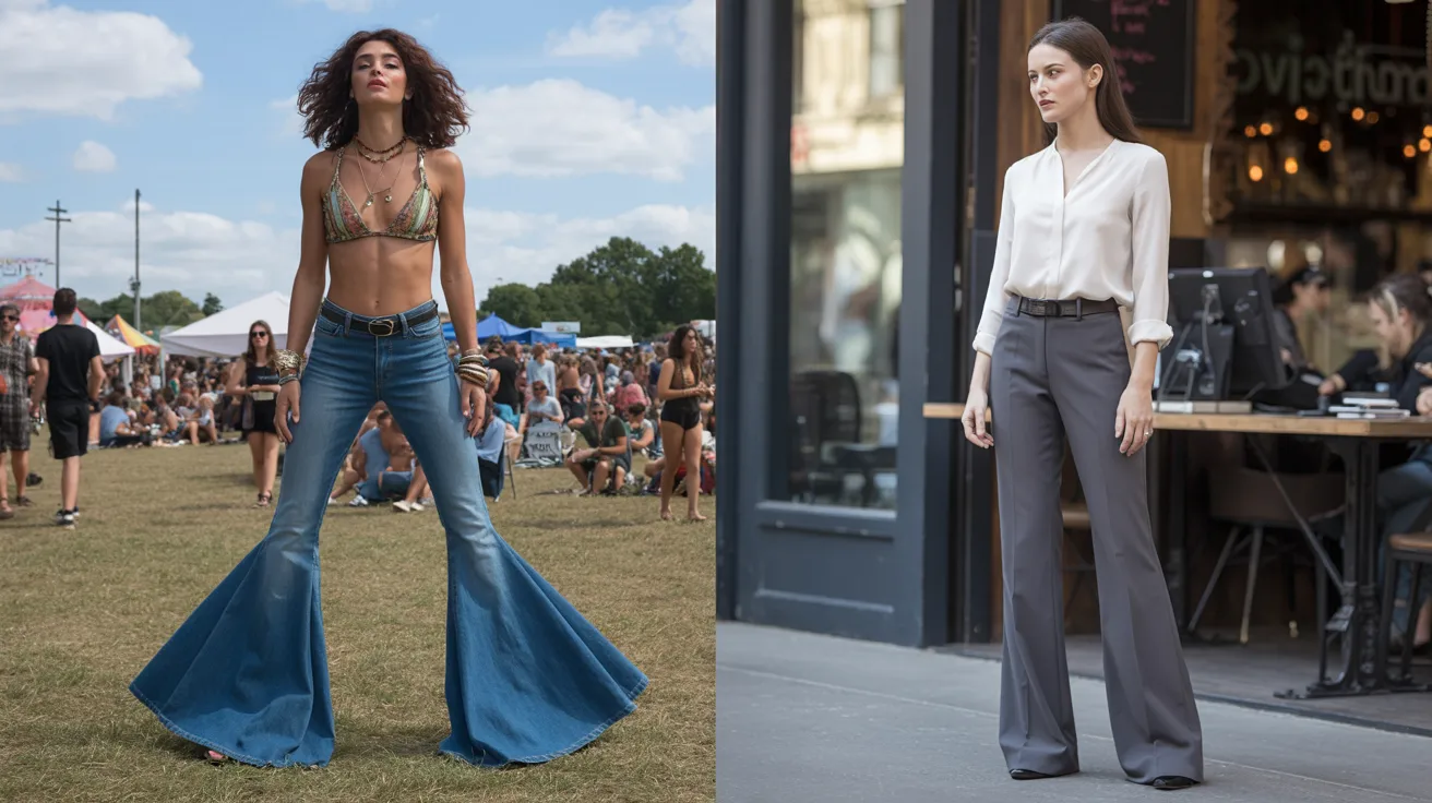 Two images of women in bell bottoms alongside a woman wearing a white shirt, showcasing diverse fashion styles.