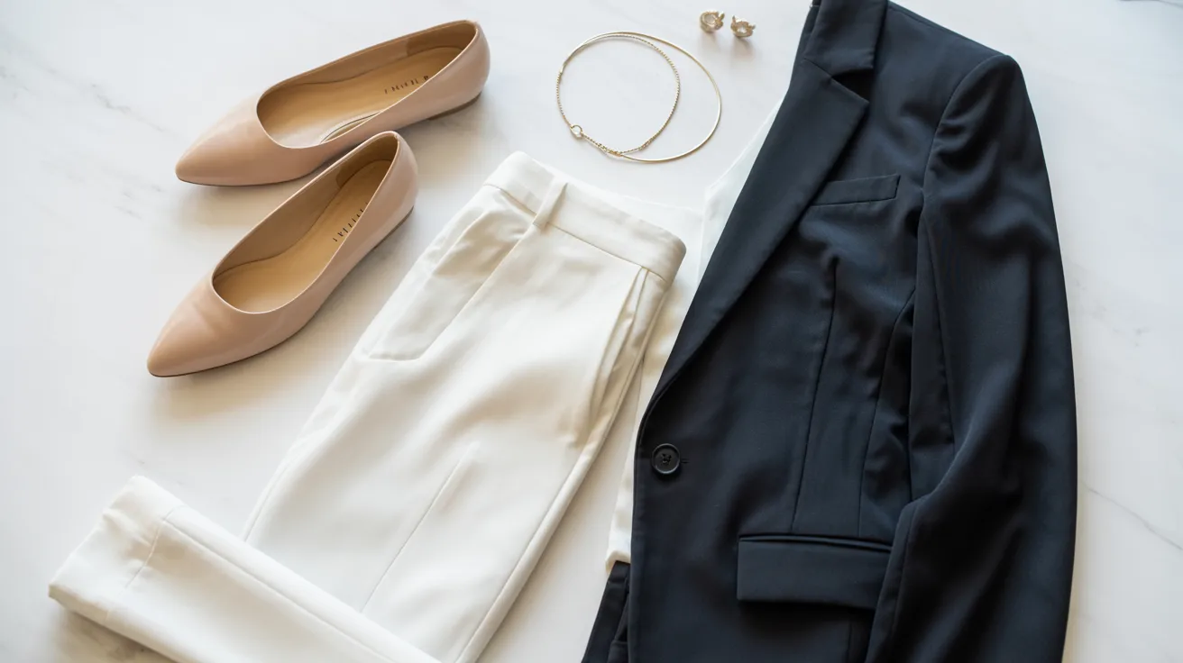 A woman's black suit paired with white pants and stylish shoes, showcasing a professional and elegant look.