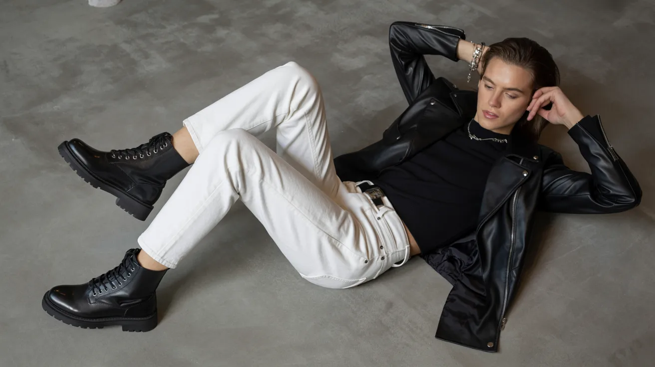 A woman wearing a black leather jacket and white pants stands confidently, showcasing a stylish urban outfit.