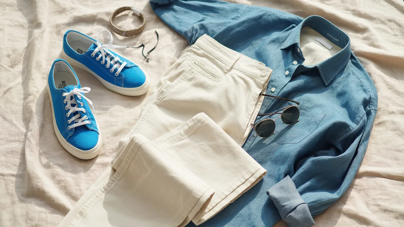 A pair of blue sneakers, sunglasses, and a shirt are arranged on a bed, creating a relaxed atmosphere.