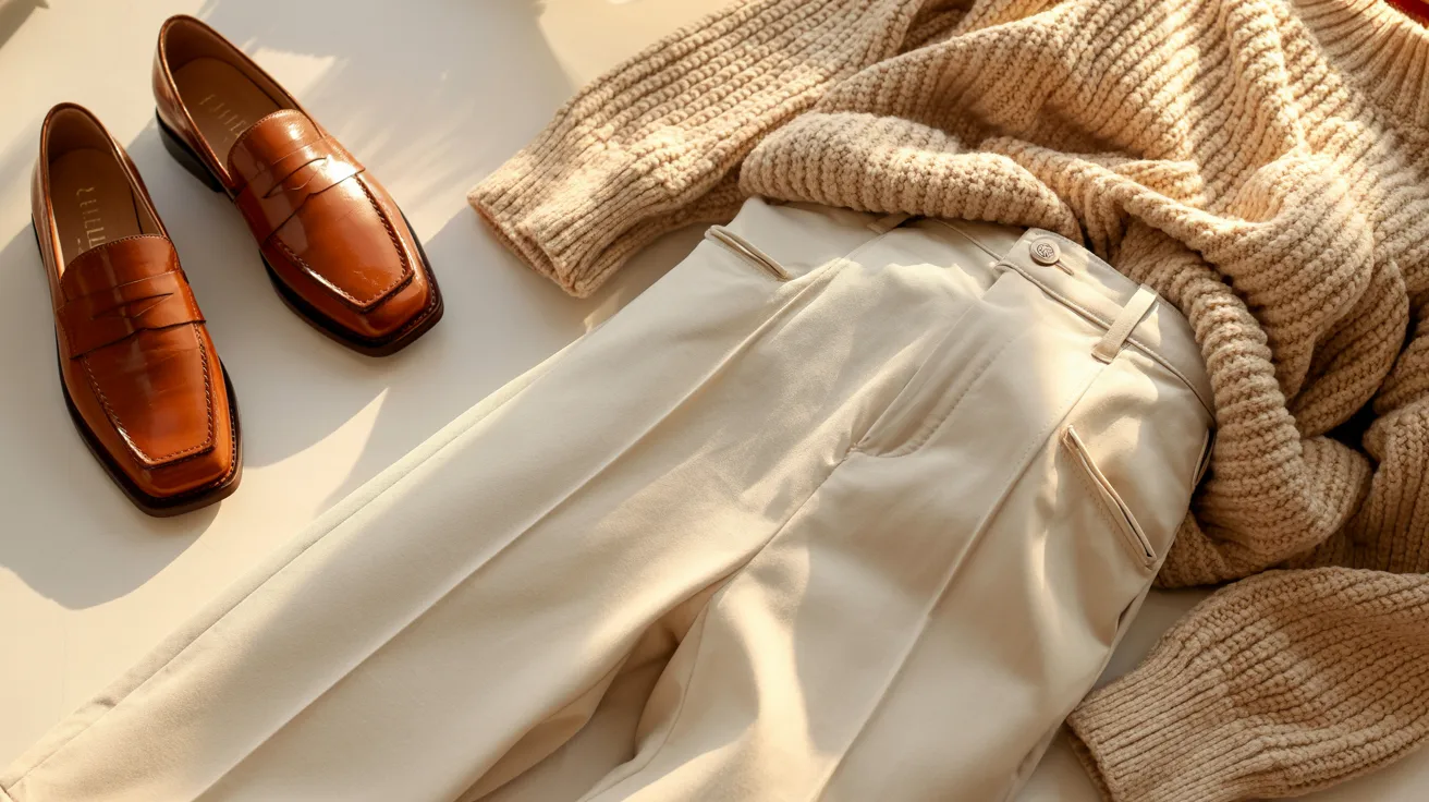 A pair of brown shoes and a cozy sweater are neatly arranged on a wooden table.