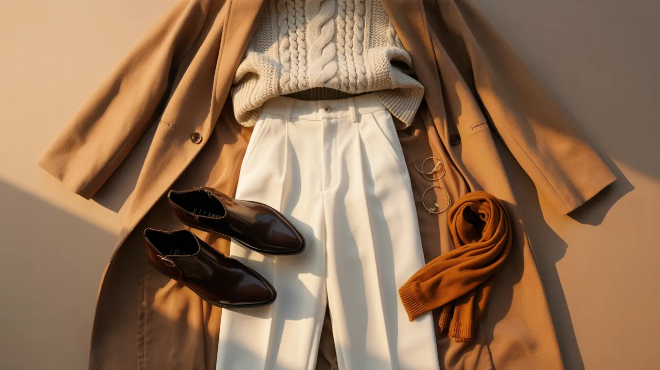 A laid-out coat, sweater, and pants on a table, presenting a stylish ensemble ready for the day.