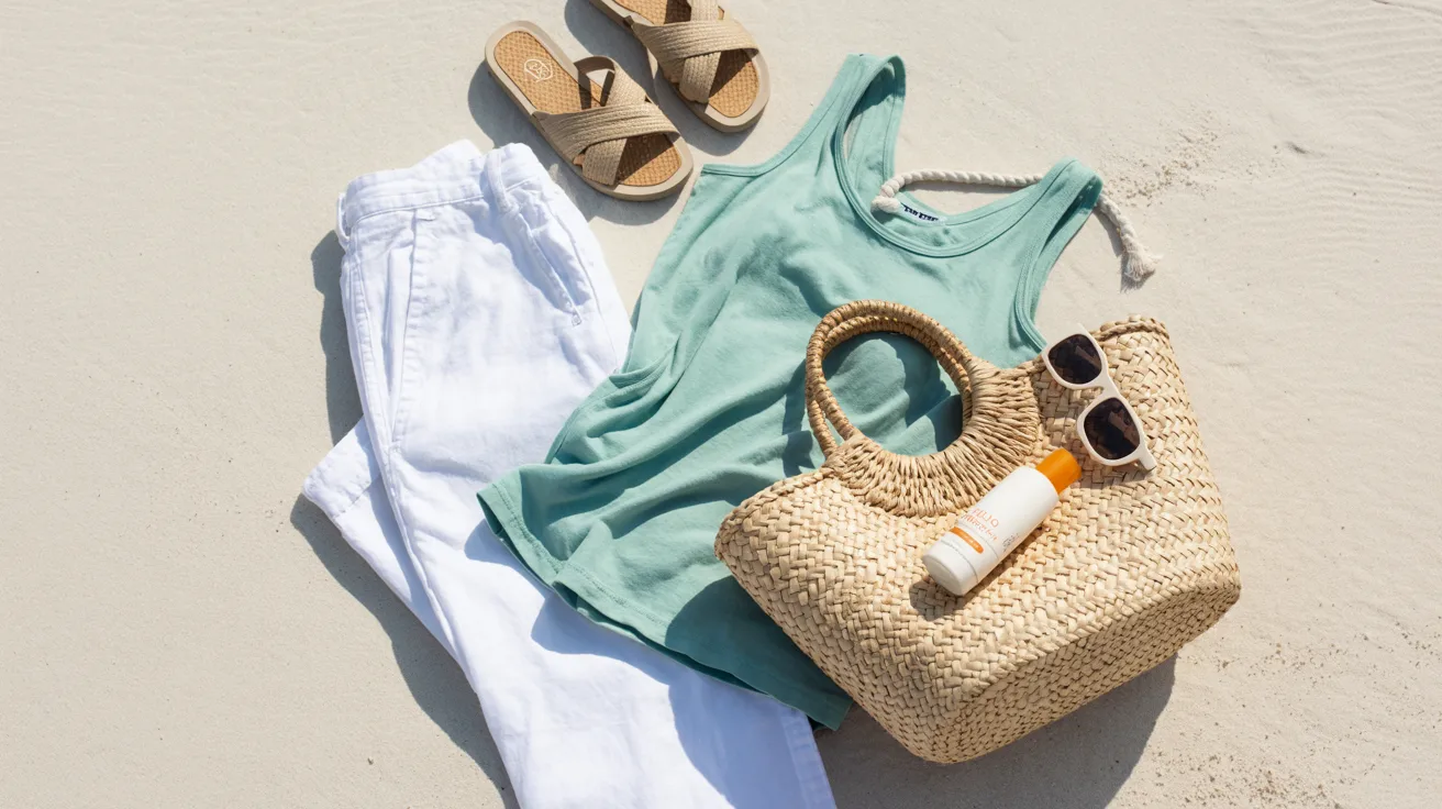 A woman's beach bag, sunglasses, and sandals arranged on the sand, ready for a day at the beach.