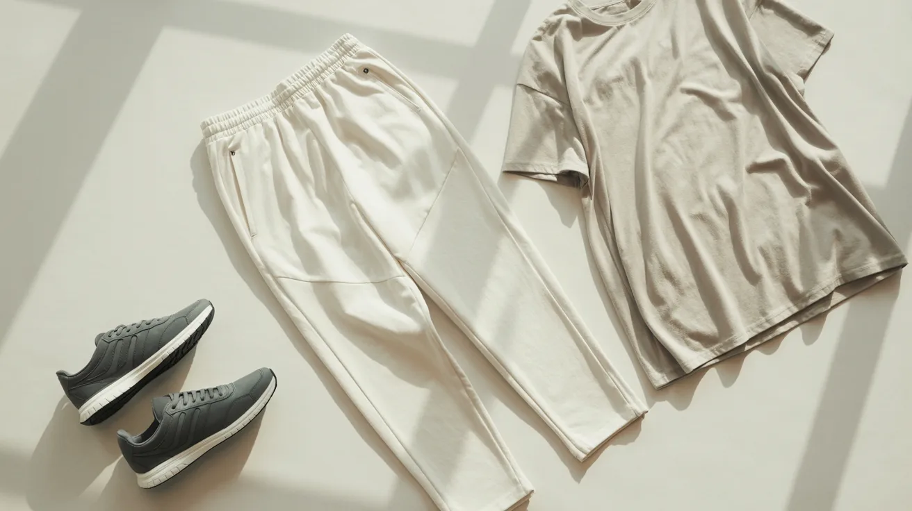 A pair of sneakers and a t-shirt are laid out on a white surface, showcasing casual clothing items.