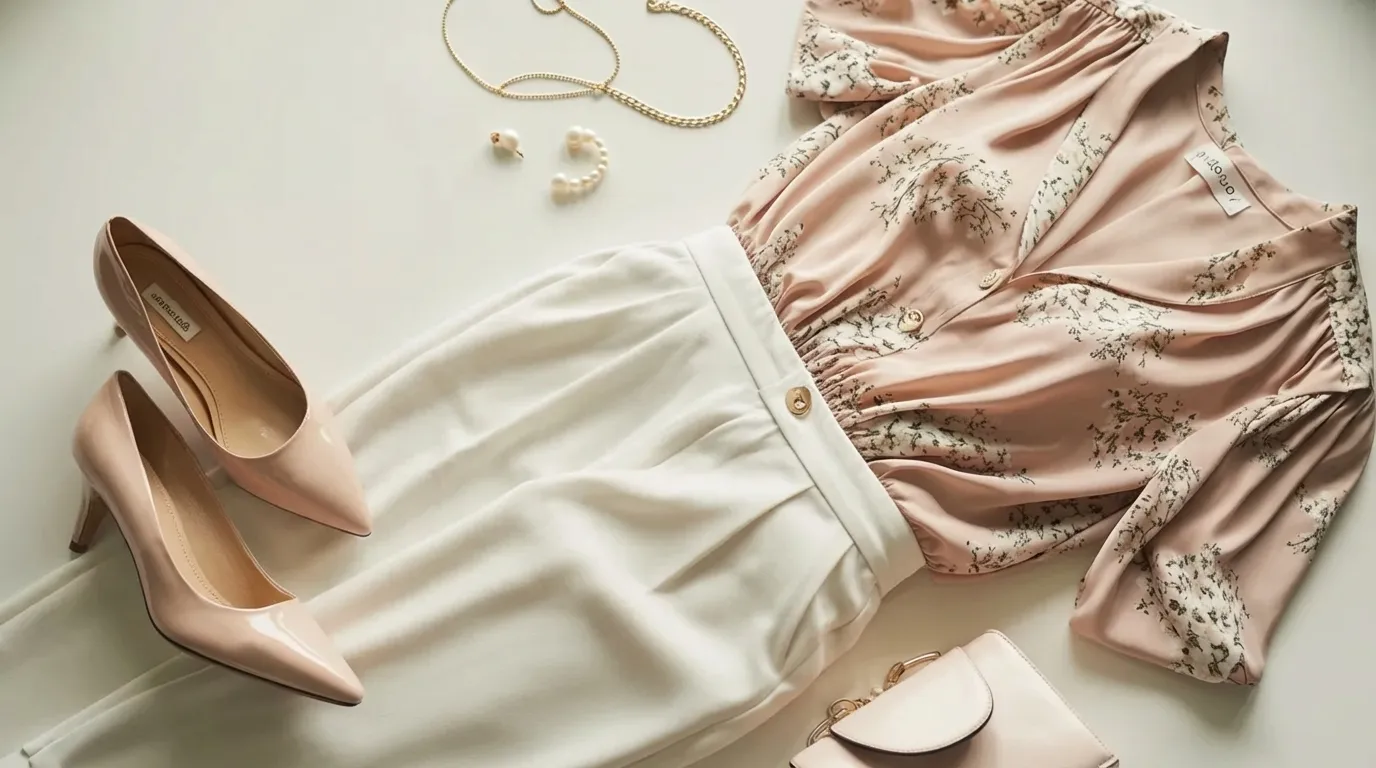 A pink blouse paired with white pants and stylish heels, showcasing a chic and fashionable outfit.