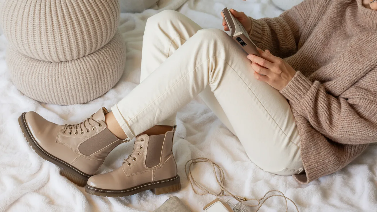 A woman wearing a sweater and boots sits on a bed, looking relaxed and comfortable in her cozy surroundings.