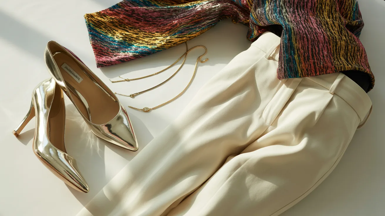 A pair of white pants, a stylish sweater, and elegant high heels arranged together on a neutral background.