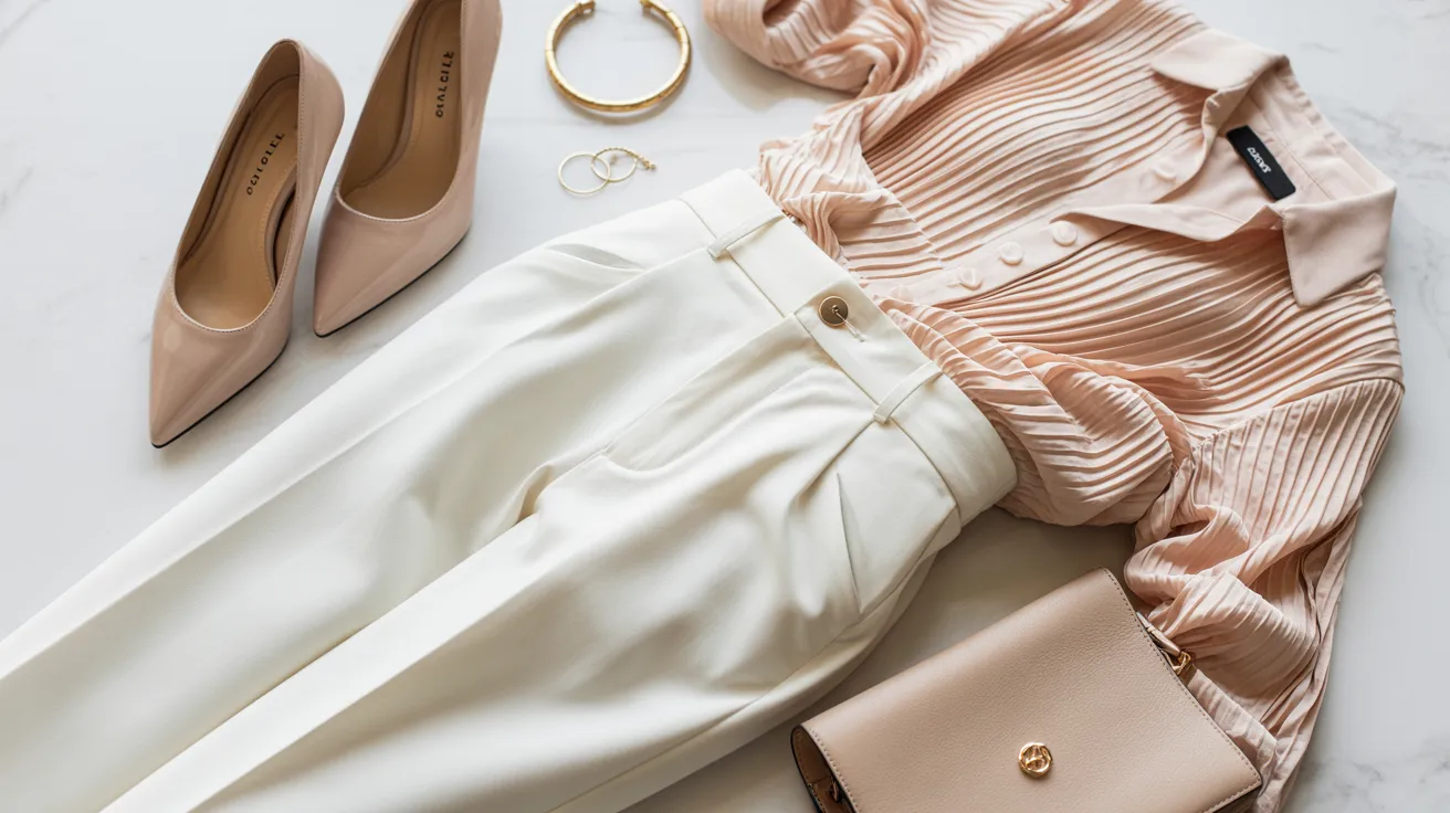 A woman's outfit featuring a pink blouse, white pants, and stylish heels, showcasing a chic and modern look.