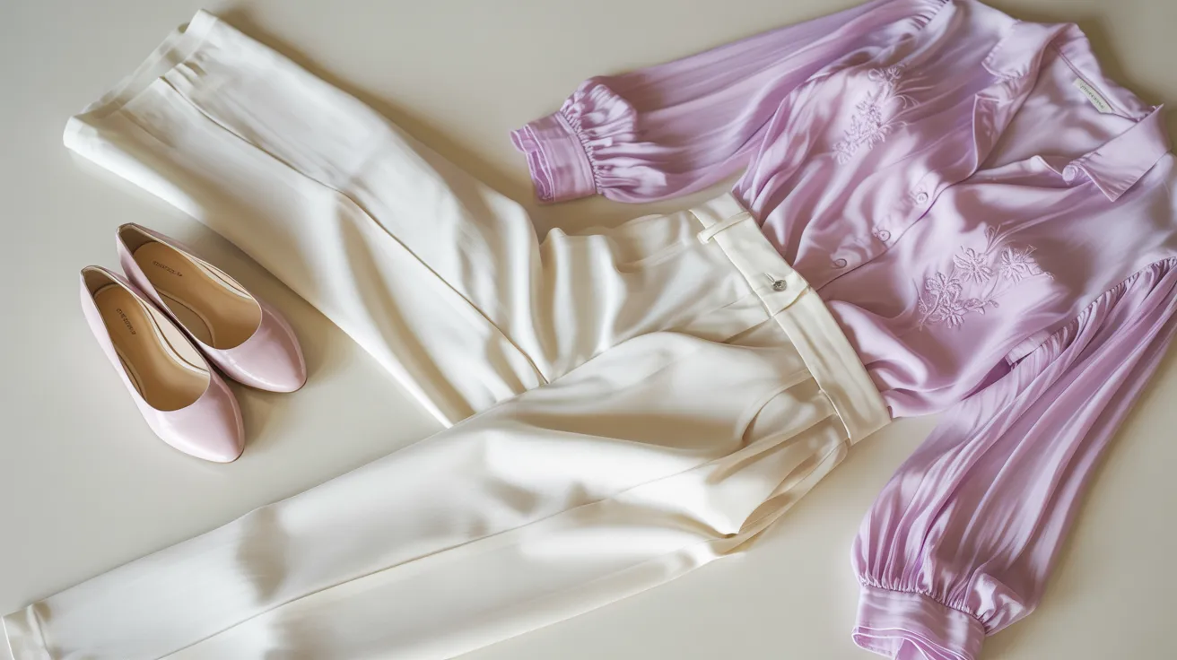 A pair of white pants paired with a pink blouse displayed together on a neutral background.