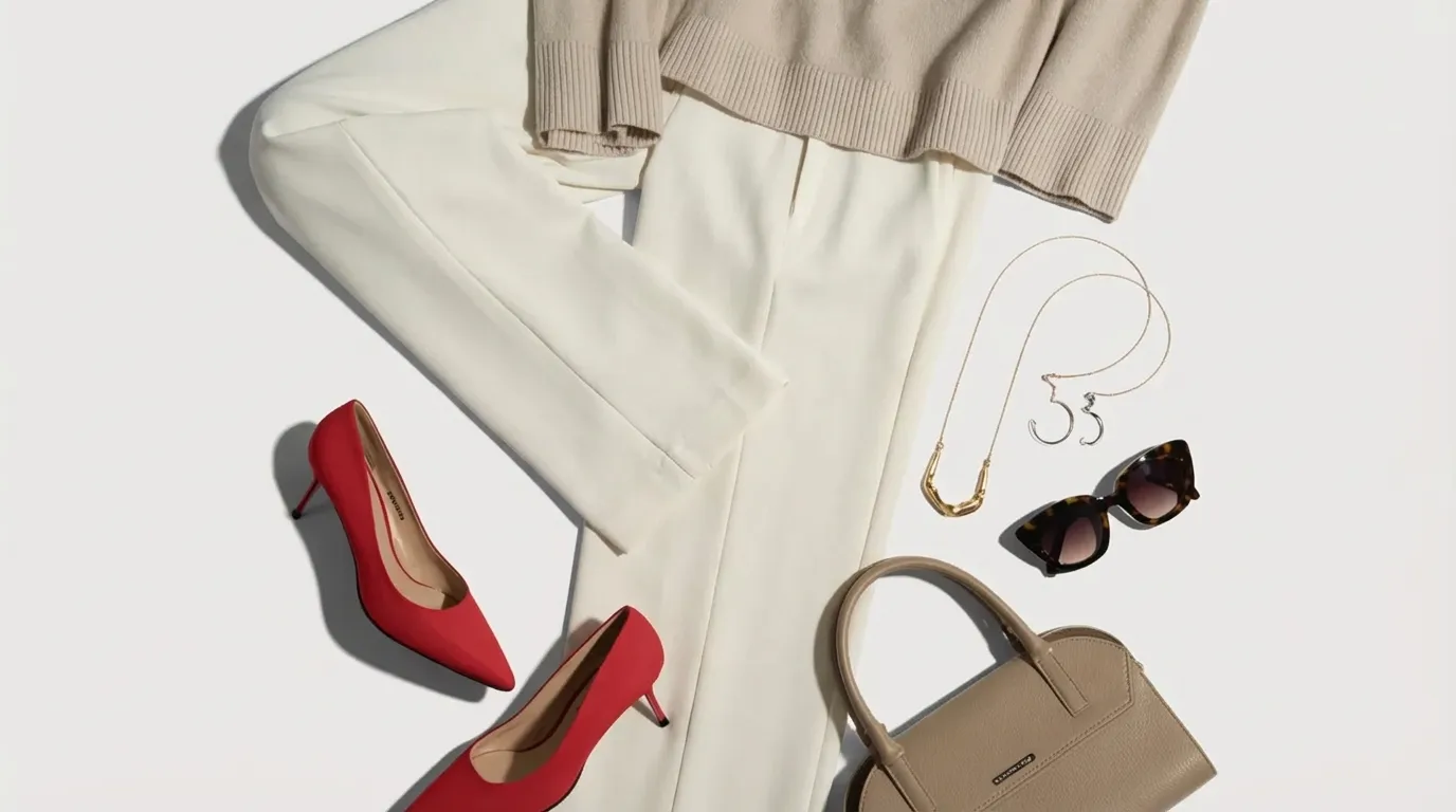 . A stylish woman's outfit featuring a purse, fashionable shoes, and trendy sunglasses displayed together.