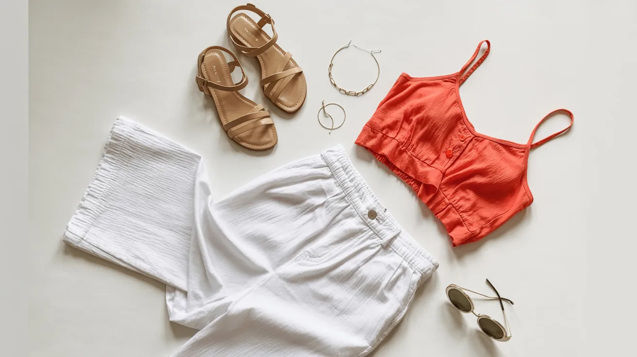 A pair of white pants, a red top, and sandals arranged together on a flat surface.