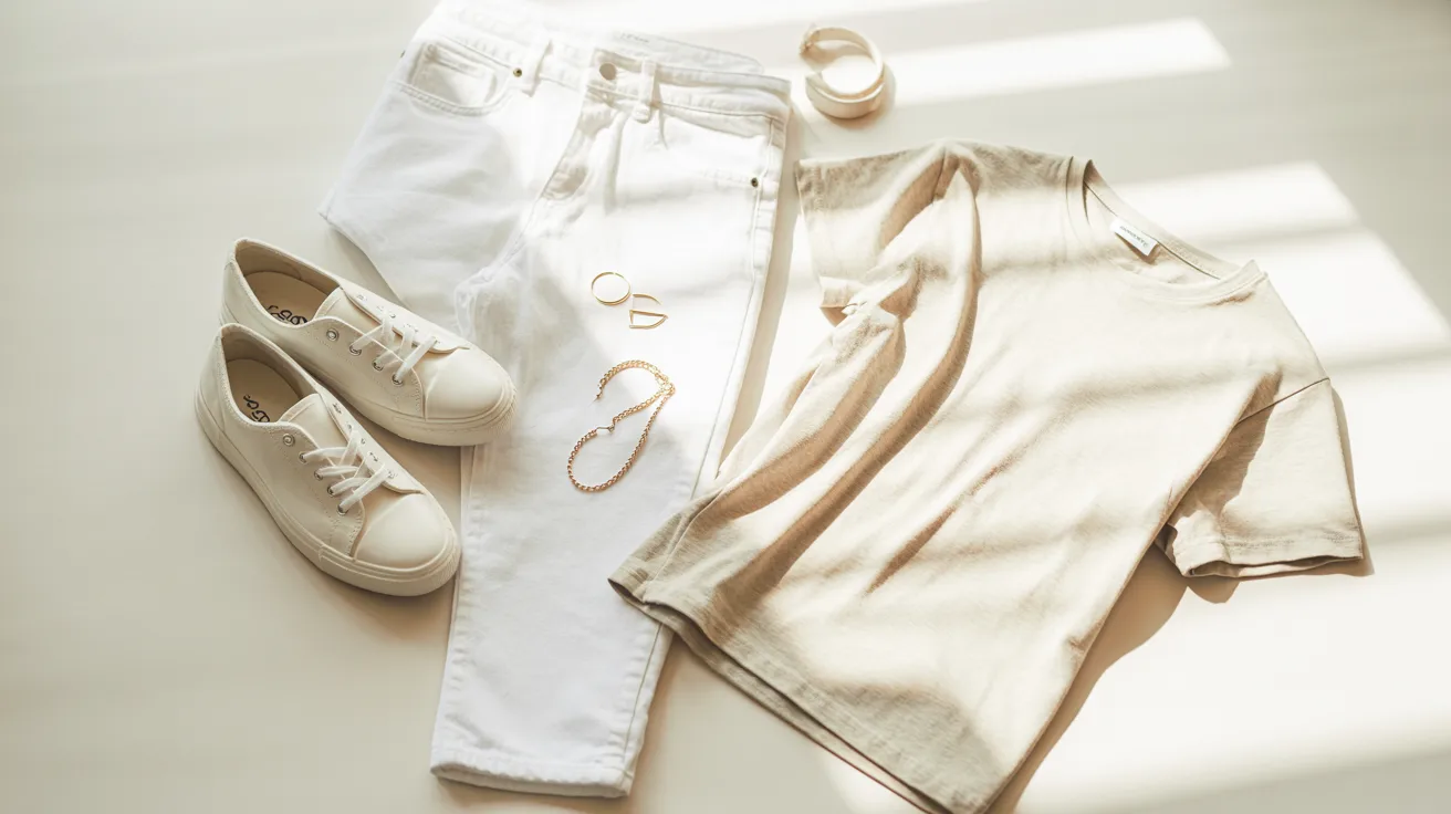 A casual outfit featuring white jeans, a t-shirt, and white sneakers arranged on a flat surface.