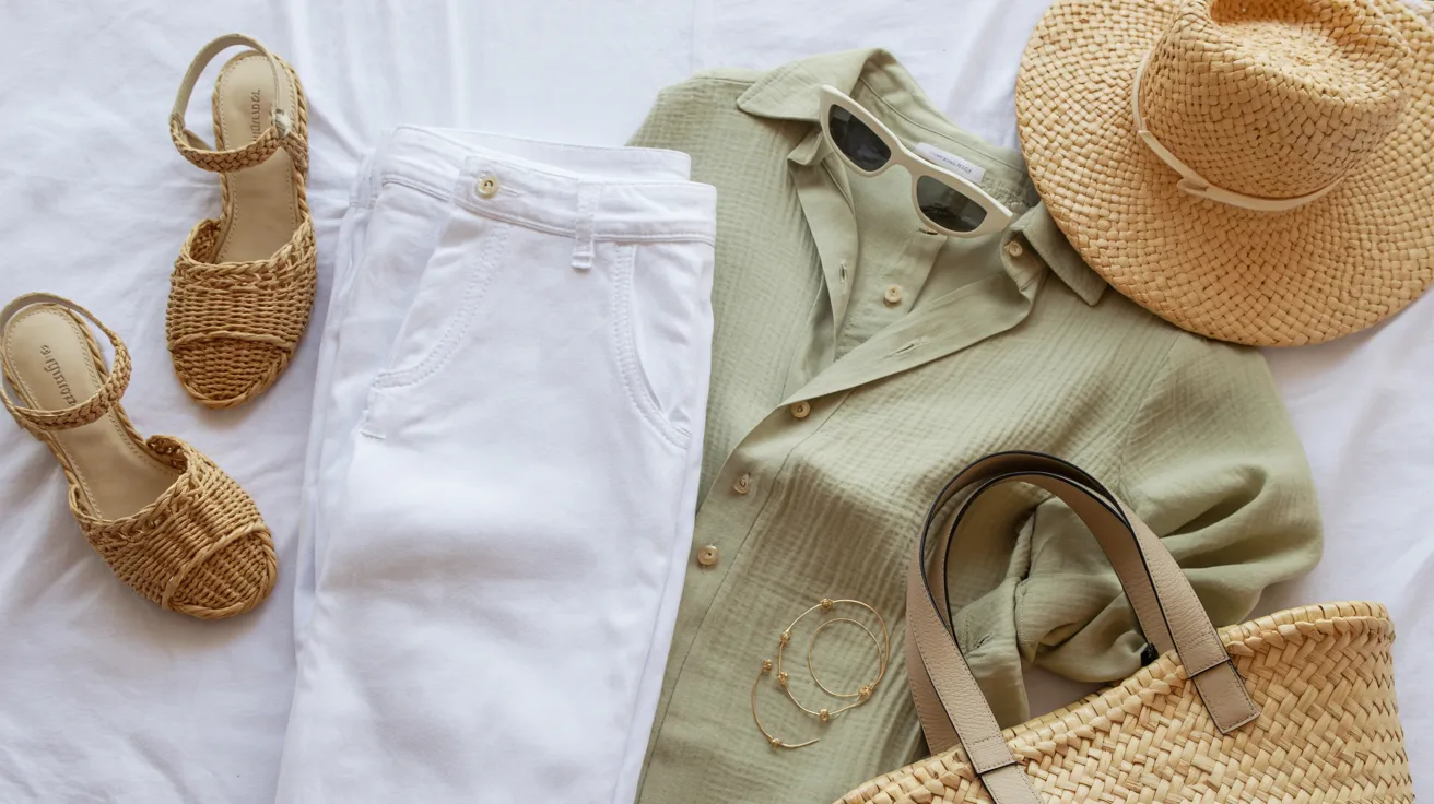 A hat, sunglasses, and a bag are neatly arranged on a bed, creating a casual, travel-ready scene.