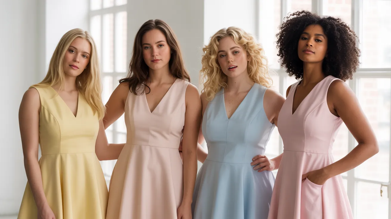  Four women in pastel dresses stand side by side, smiling and posing for the camera in a bright outdoor setting.