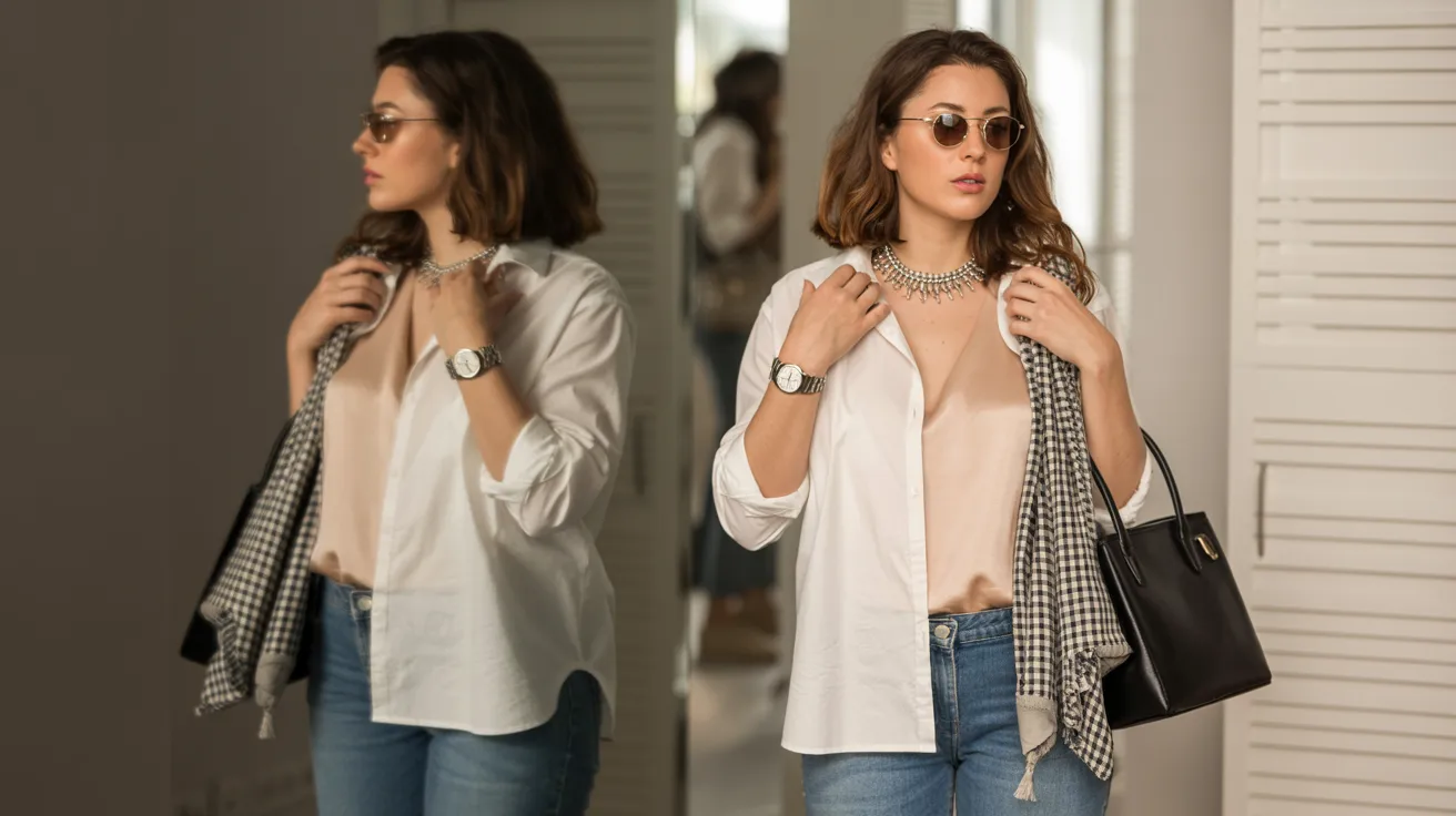 A woman wearing jeans and a white shirt stands confidently, showcasing a casual yet stylish outfit.