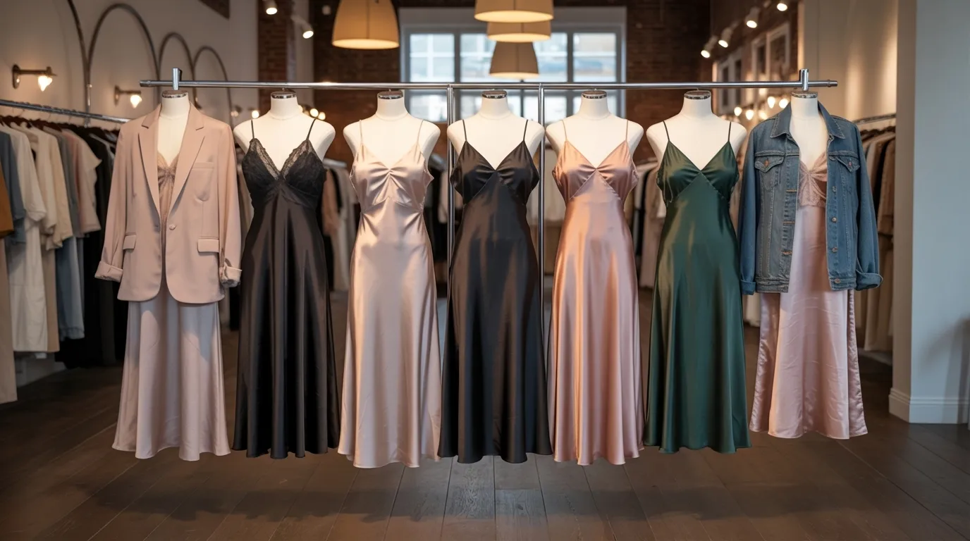 Elegant satin dresses in various colors, including black, pink, and green, are displayed on mannequins. A suit and denim jacket add a stylish touch.l