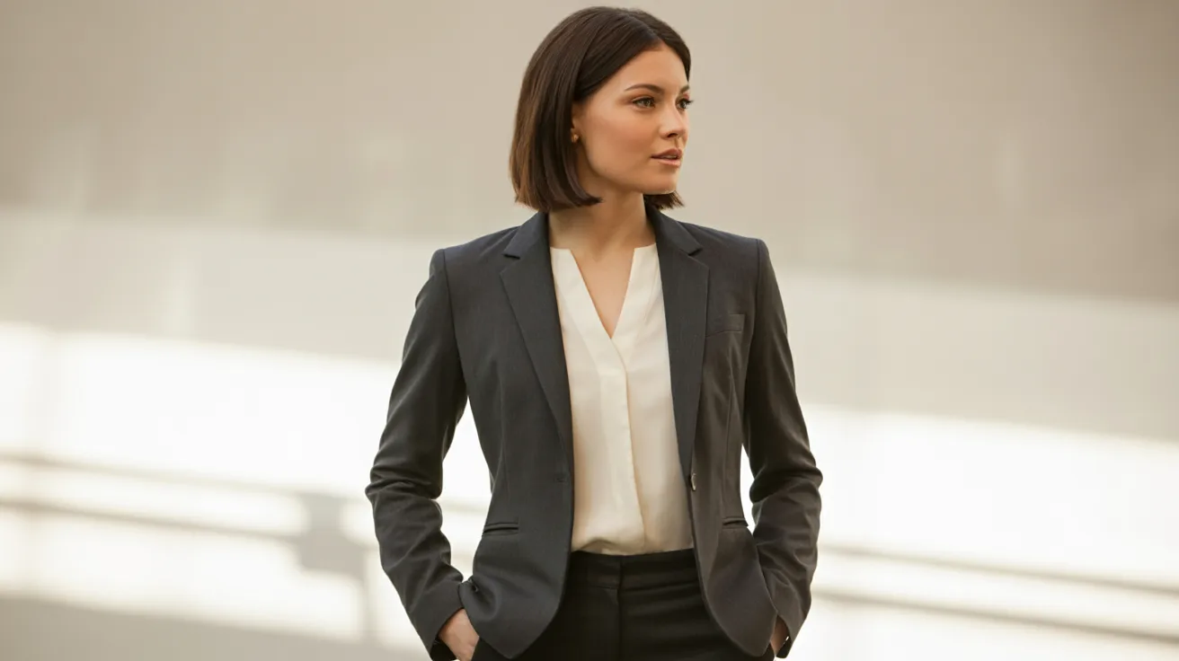 A woman in a business suit stands confidently in a modern office, surrounded by sleek furniture and large windows.