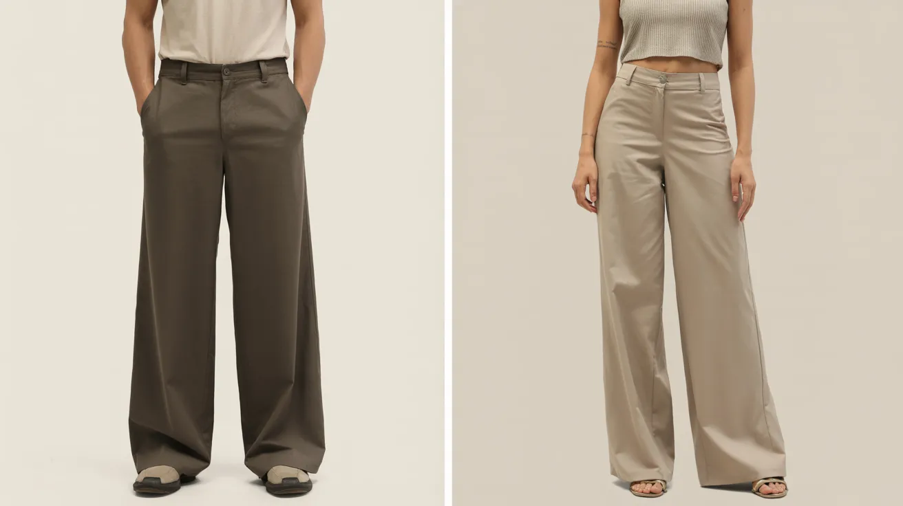  Two images of women showcasing stylish wide leg pants in different colors and patterns.