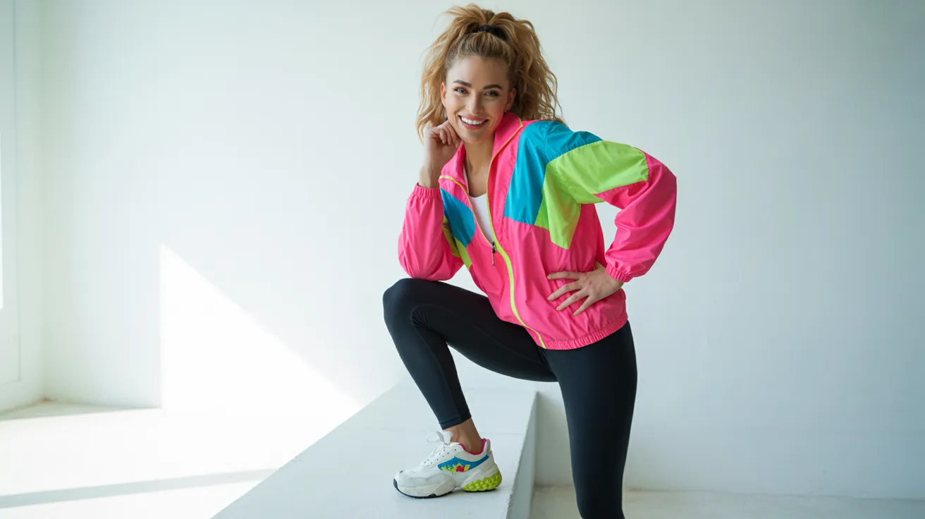  A woman poses confidently in a vibrant jacket and leggings, showcasing her colorful outfit against a neutral background.