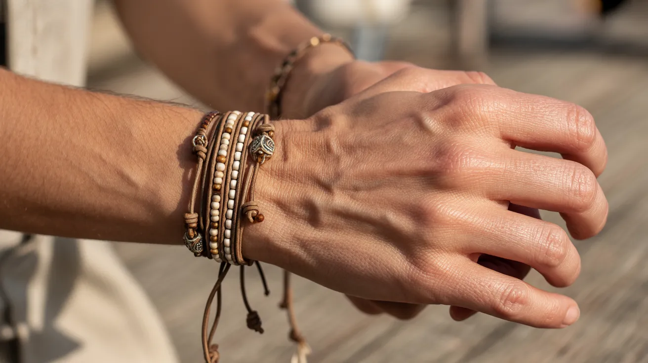 A man wearing a pearl bracelet alongside a stylish leather bracelet on his wrist.