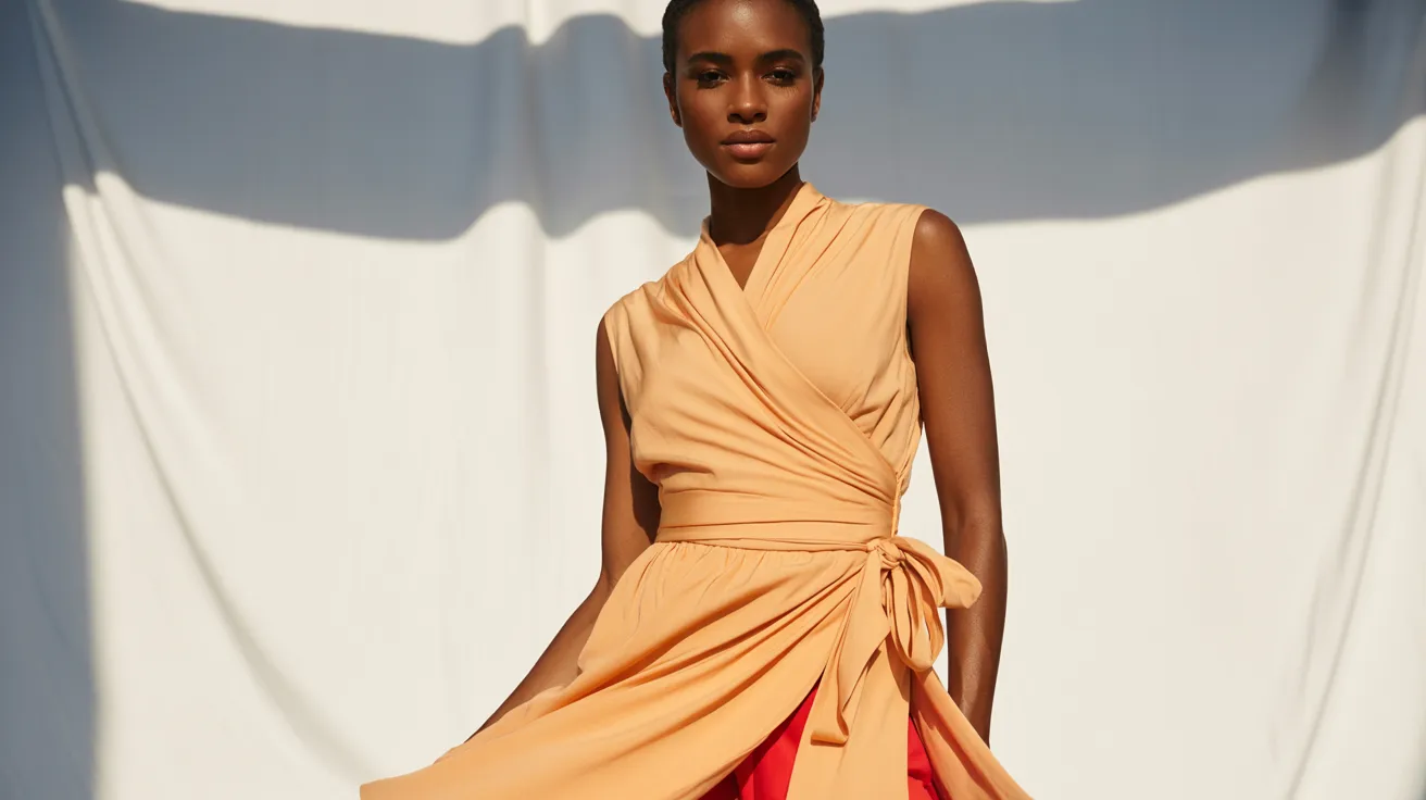 A model showcases a striking orange dress combined with a red skirt, highlighting a colorful and stylish outfit.