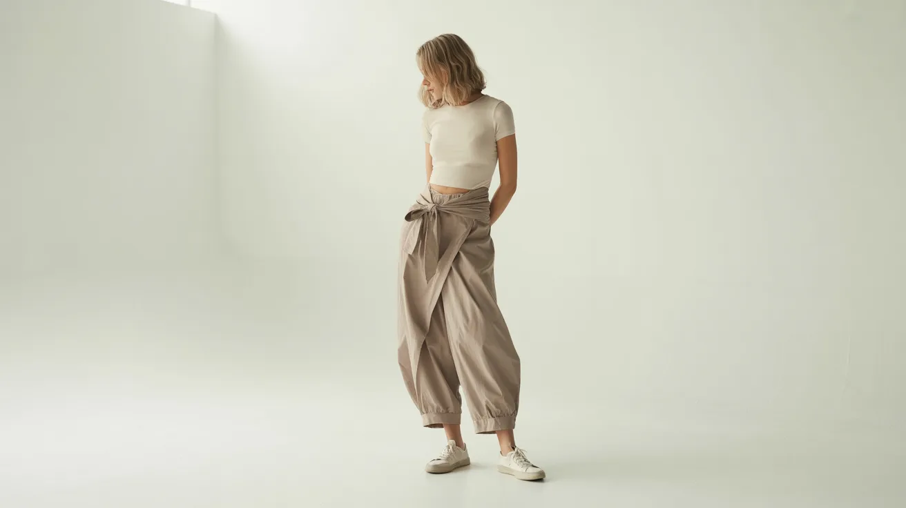 A woman wearing a white top and brown pants stands confidently, showcasing a casual yet stylish outfit.