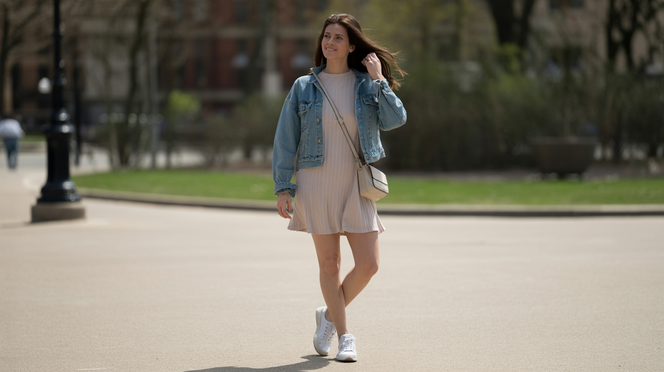 Light Knit Dress with Denim Jacket
