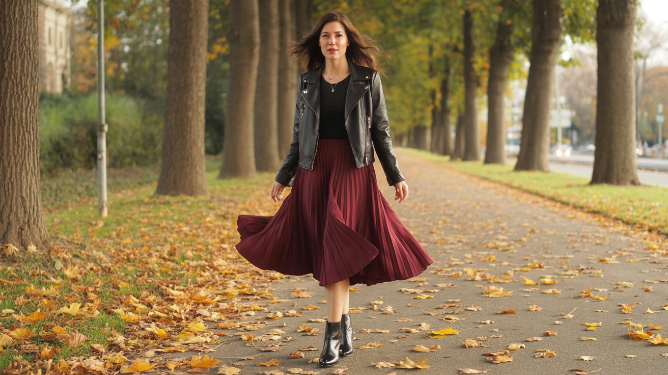 Leather Jacket with Midi Skirt