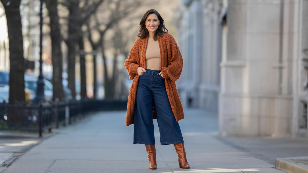 A woman wearing a brown cardigan and blue jeans stands confidently, showcasing a casual yet stylish outfit.