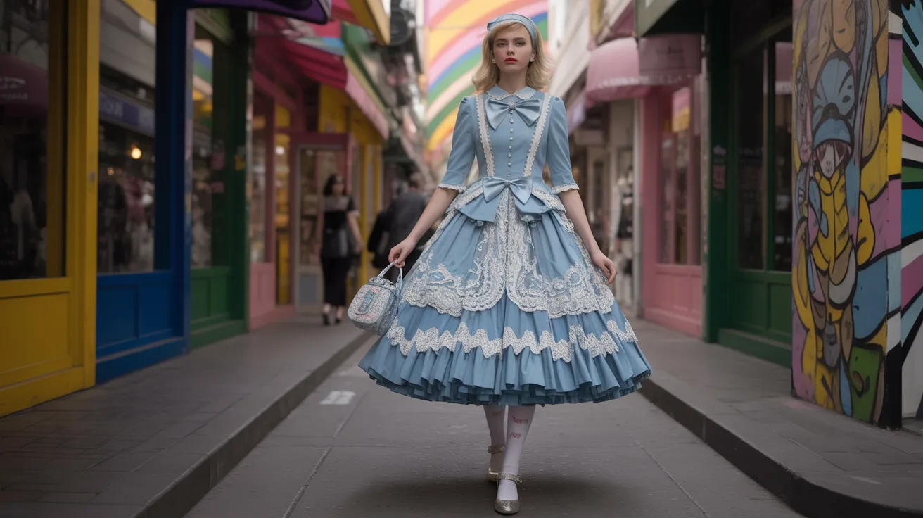 A woman in a blue dress strolls through a narrow alley, surrounded by brick walls and soft shadows.
