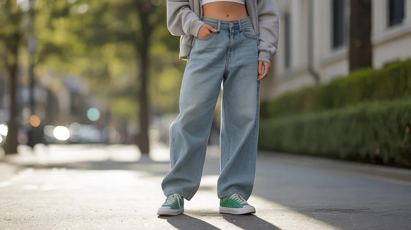 A woman in a crop top and jeans stands confidently on a city street, surrounded by urban scenery.