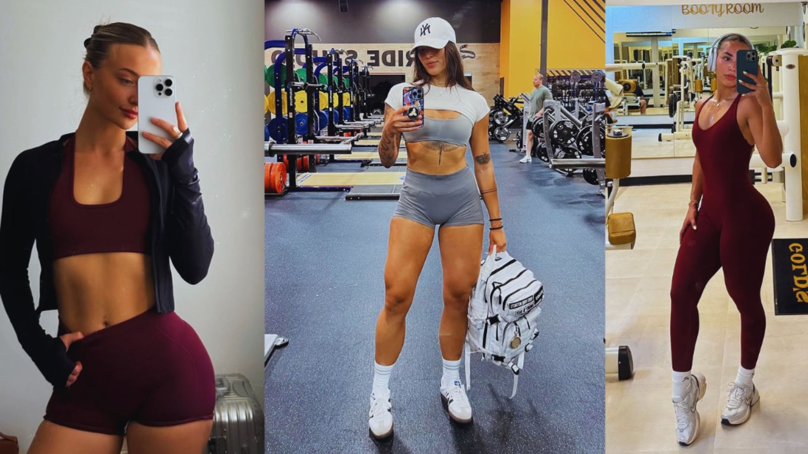 Three images of a woman in a gym: one in a crop top, another in a sports bra, showcasing yoga fit ideas.