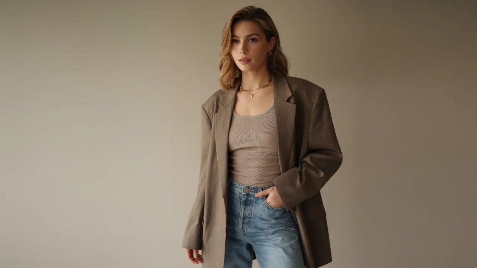 A woman dressed in jeans and a jacket leans against a wall, exuding a relaxed demeanor.